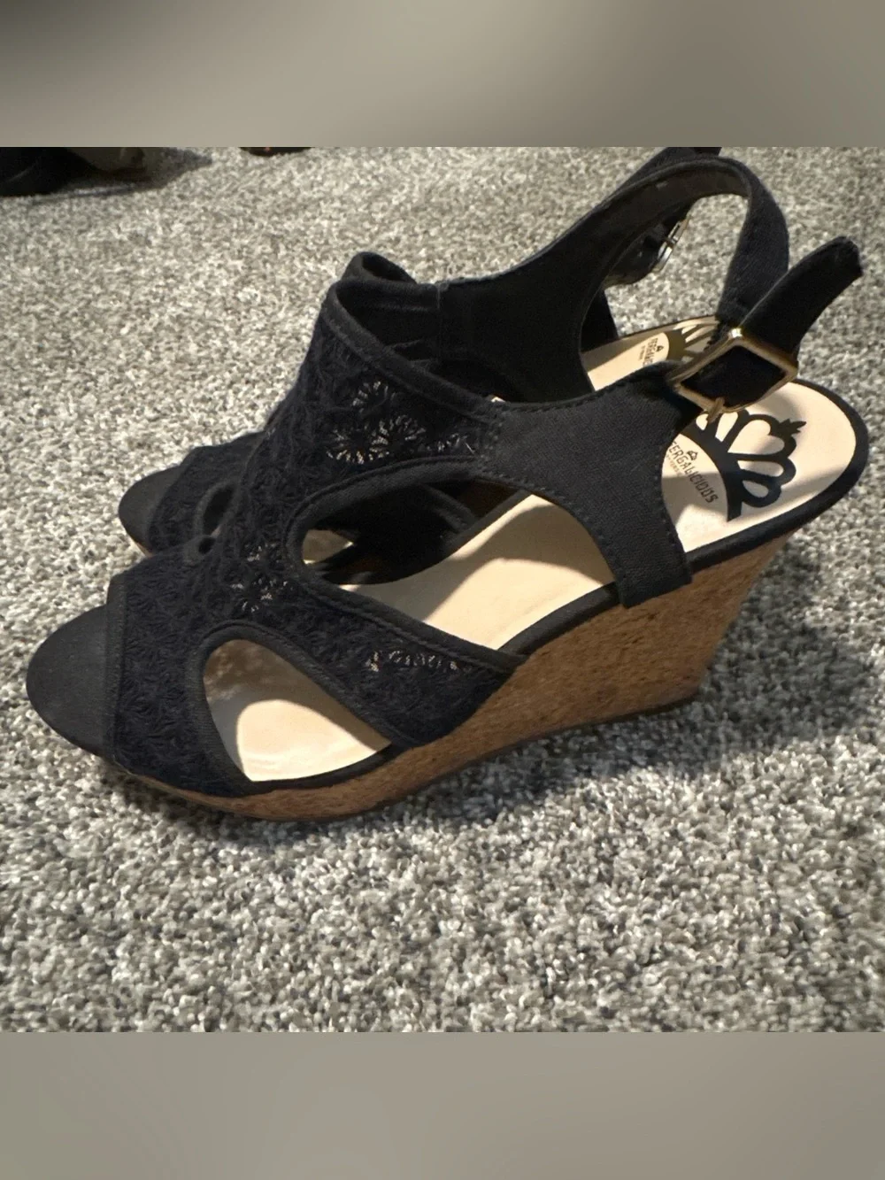 Fergalicious Black Lace Wedge Sandals with Cork Heel Size 8